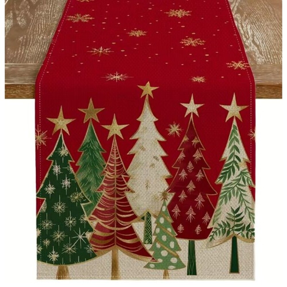 Christmas Table Runner 13x72in Woven Polyester Red w/ snowflakes and trees